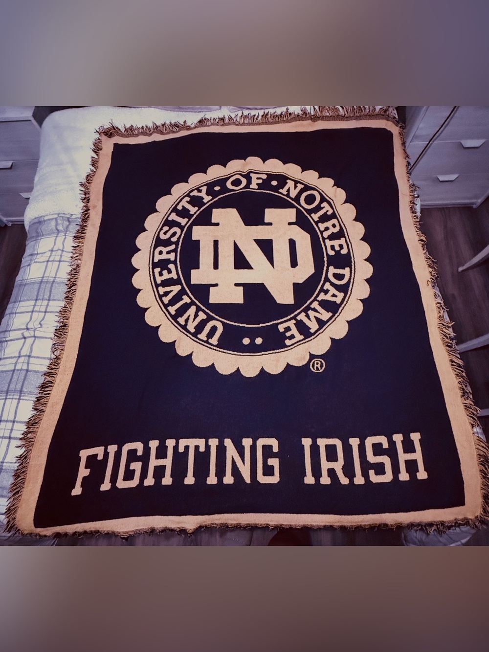 Vintage Notre Dame Fighting Irish Woven Tapestry Throw Blanket Fringe Navy Gold